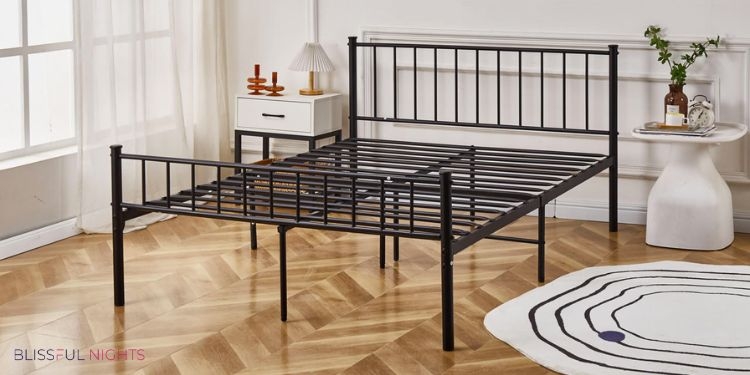 Black Metal Platform Bed Frame with Vertical Slat Headboard Design
