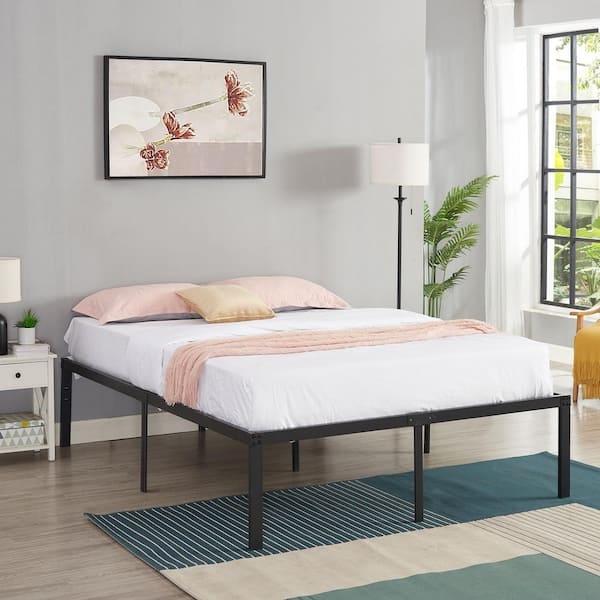 Black Metal Platform Bed Slatted Base Minimalist Industrial Style Heavy Duty