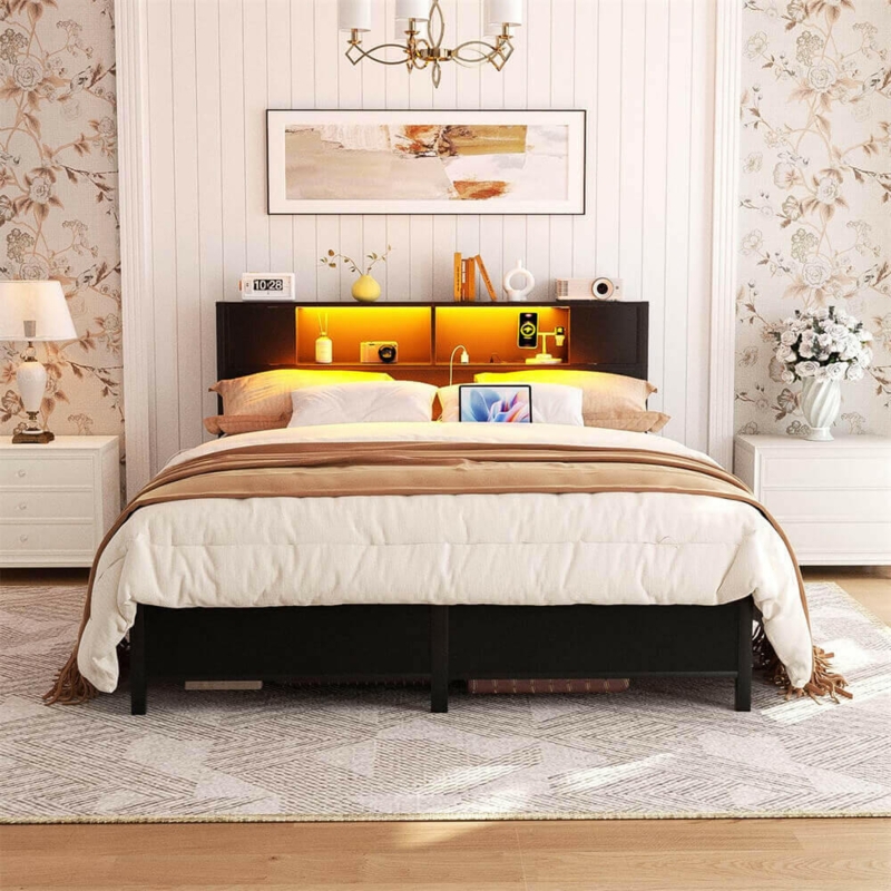 Black Metal Platform Bed with LED Storage Headboard