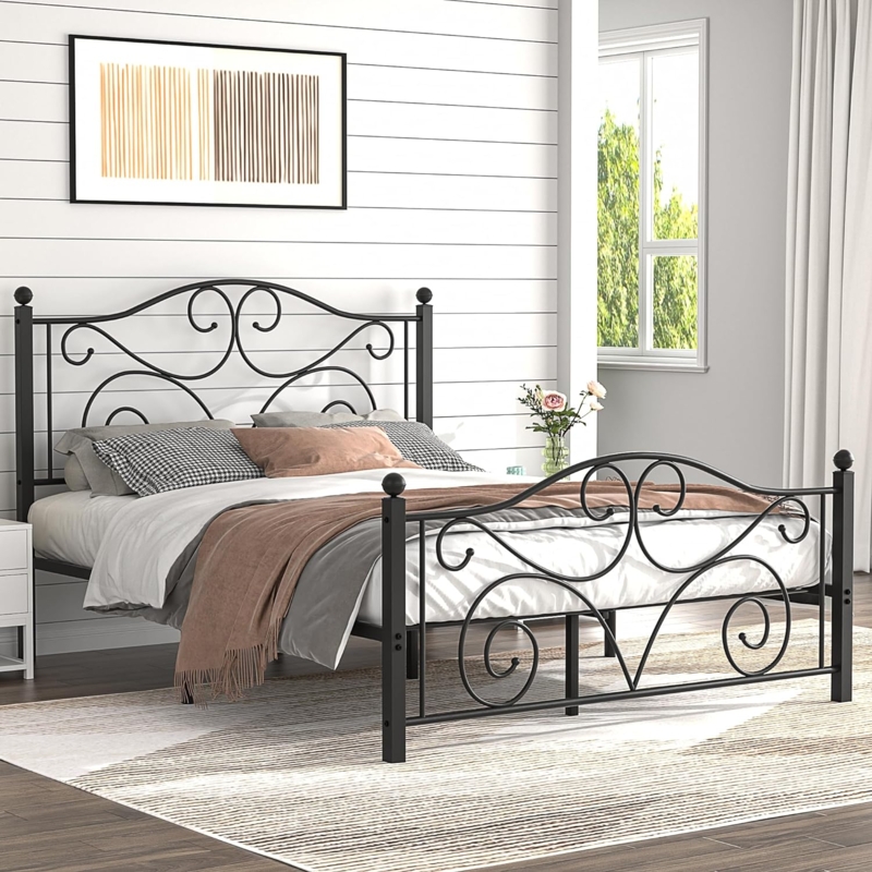 Black Metal Platform Bed with Ornate Scrollwork Headboard and Footboard