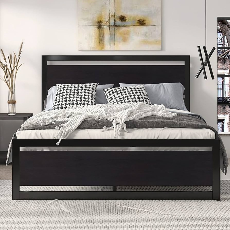 Black Metal Platform Bed with Recessed Panels, Industrial Style