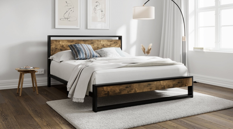 Black Metal Platform Bed with Rustic Wood Panel Headboard