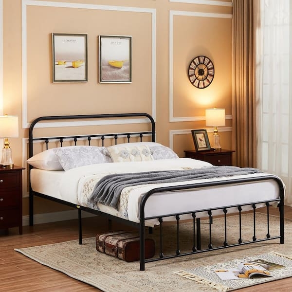 Black Metal Queen Bed Frame, Spindles, High Clearance