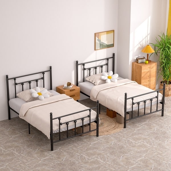 Black Metal Spindle Platform Bed Frame with Ball Finials Twin Set