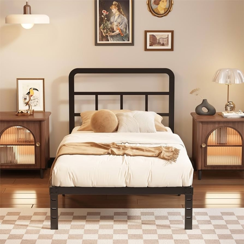 Black Metal Twin Bed Frame Industrial Platform Base