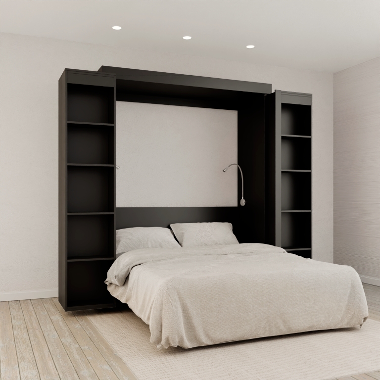 Black Murphy Bed with Integrated Bookcases & Task Light