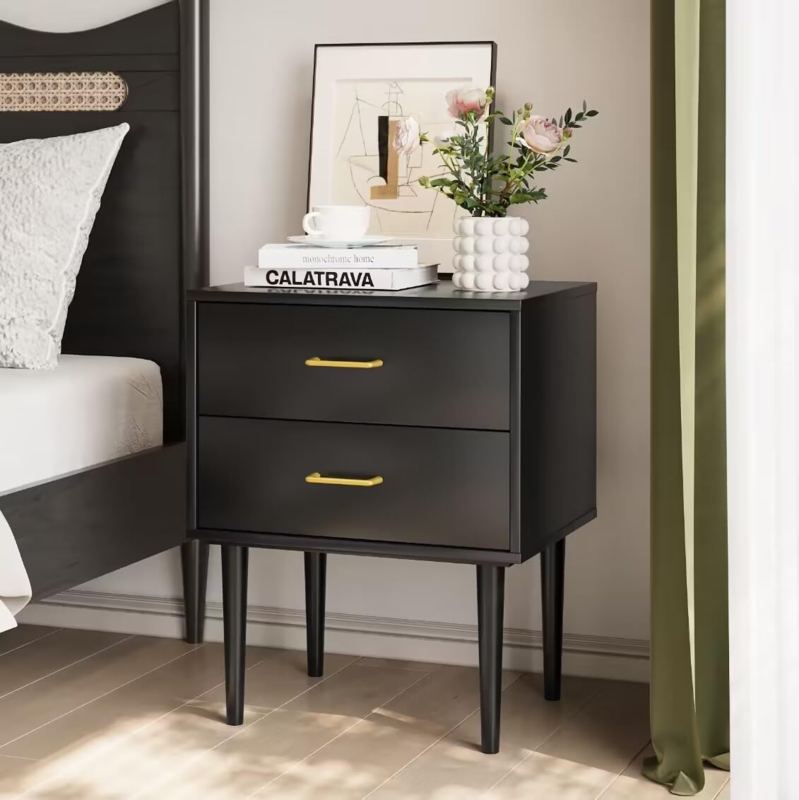 Black Nightstand, Gold Handles, Tapered Legs, Two Drawers, Matte