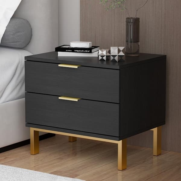 Black Nightstand, Gold Metal Legs, Slim Pulls, Two Drawers, Matte