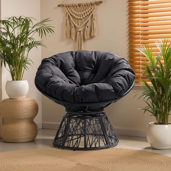 Black Papasan Chair with Conical Lattice Base and Charcoal Tufted Seat