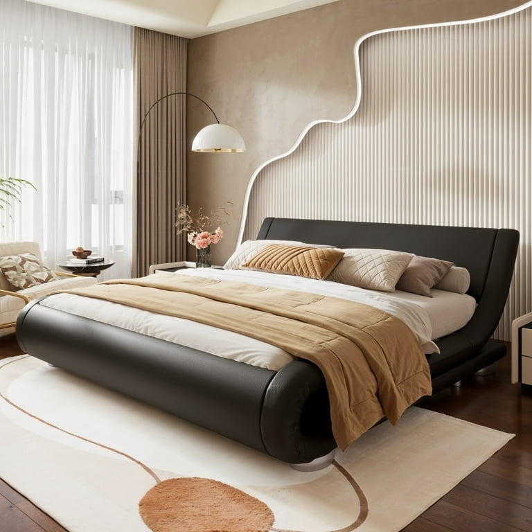 Black Platform Bed Frame featuring Unique Curved Wave Silhouette