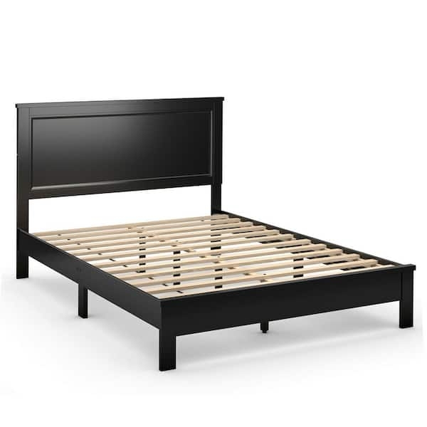 Black Platform Bed Frame with Panel Headboard and Slat Support