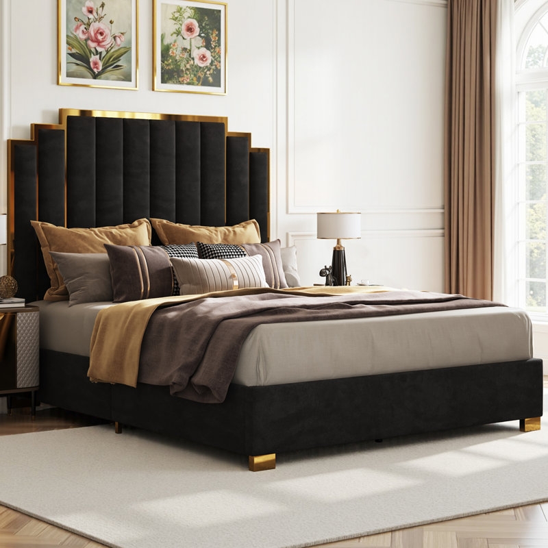 Black Platform Bed Velvet Stepped Silhouette Gold Metal Trim