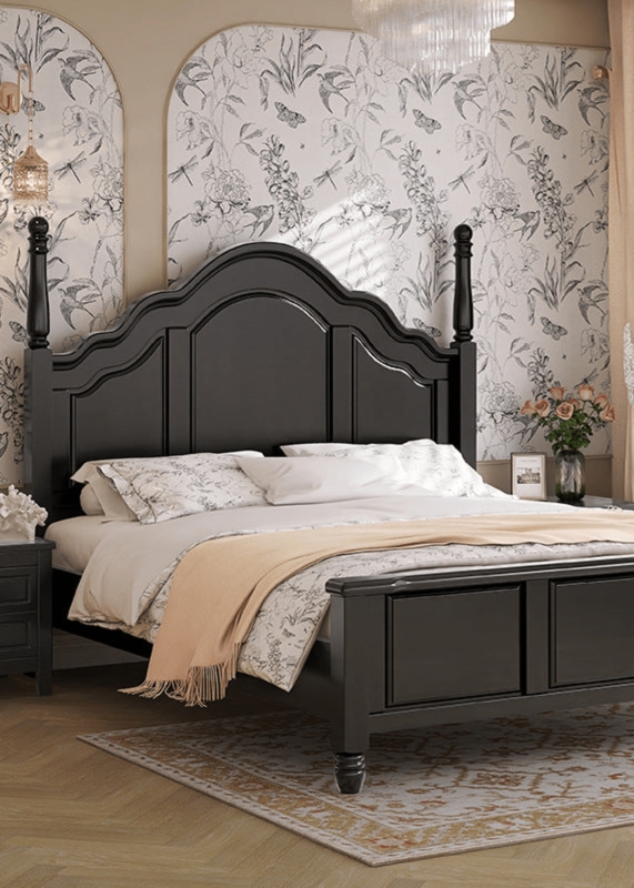 Black Poster Bed Frame with Tiered Arched Headboard