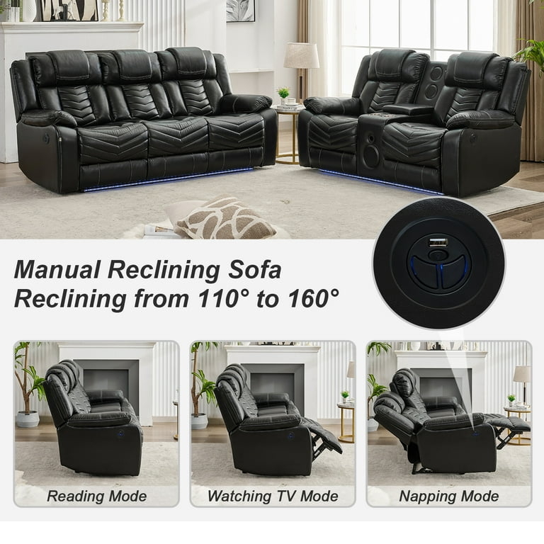 Black Power Reclining Sofa Set with Built-in Speakers and LED Lighting