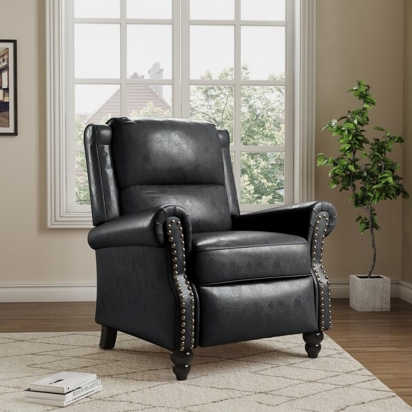Black Pushback Recliner with Turned Legs and Nailhead Trim Accents