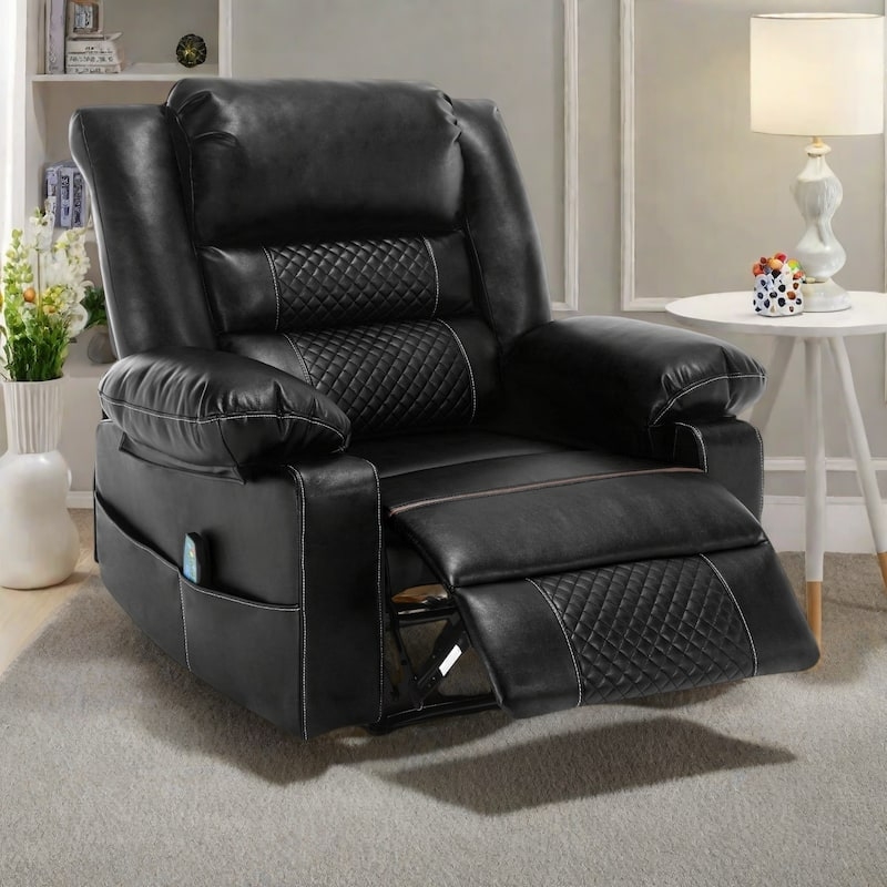 Black Quilted Recliner With Contrast Stitching And Side Pocket