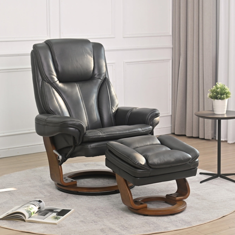Black Recliner And Ottoman Set Circular Wood Base Swivel Chair