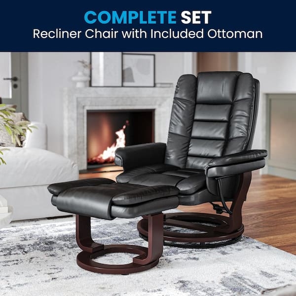 Black Recliner Chair Ottoman Mahogany Wood Circular Swivel Base Segmented