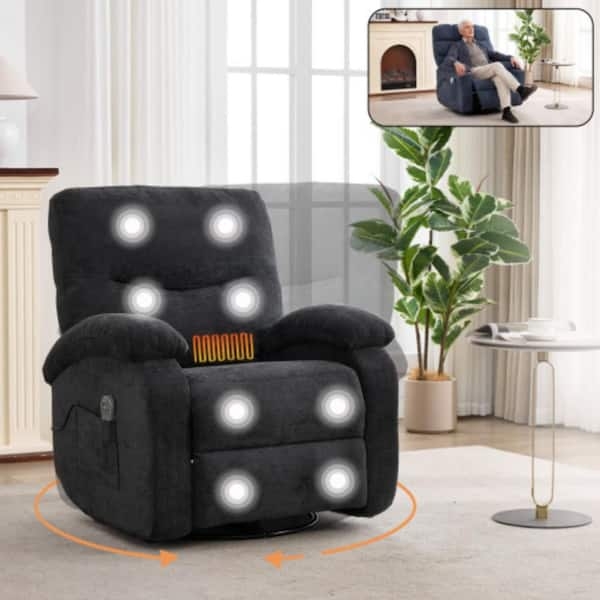Black Recliner with 8-Point Massage and Heated Lumbar Swivel Base