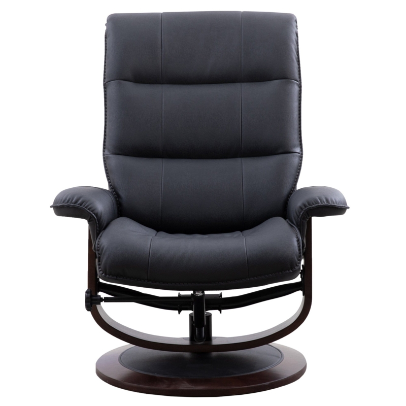 Black Reclining Chair with Curved Pedestal Base and Segmented High Back.