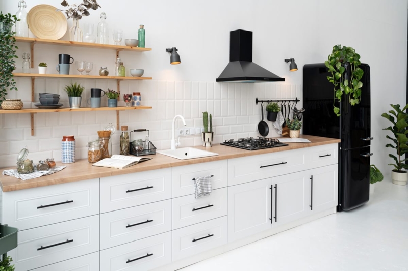 Black Retro Refrigerator in a Farmhouse Kitchen Design