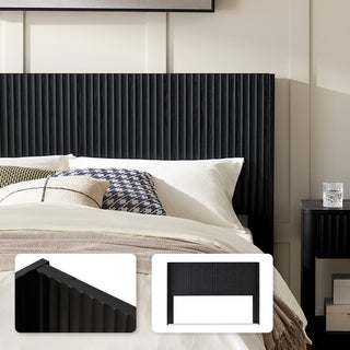 Black Ribbed Headboard with Vertical Slats in Modern Oak Finish