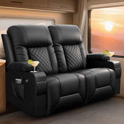 Black RV Reclining Loveseat with Diamond Quilted Back and Cup Holders