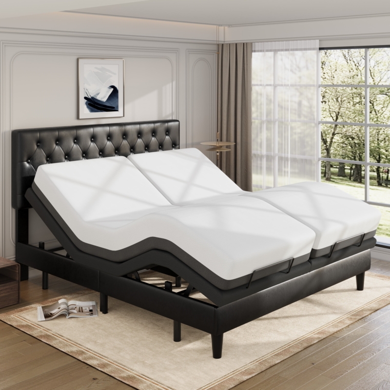 Black Split King Adjustable Base with Tufted Upholstery