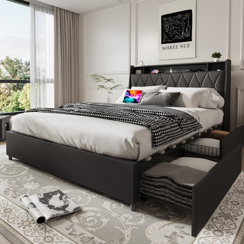 Black Storage Bed Frame with Bookshelf Headboard and Charging Station