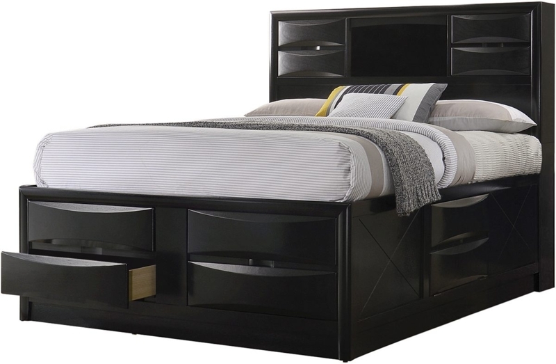 Black Storage Bed with Bookcase Headboard and Bowed Drawer Fronts