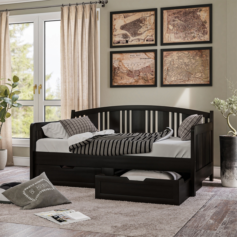 Black Storage Daybed, Farmhouse Slat Back Detail, Twin Size