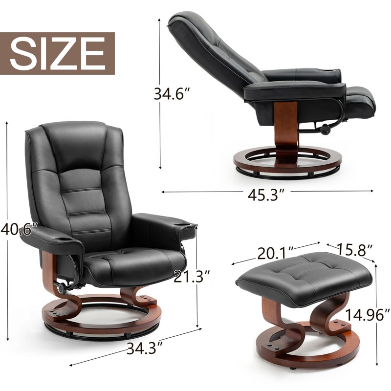 Black Swivel Recliner and Ottoman Set with Cup Holders and Wood Base