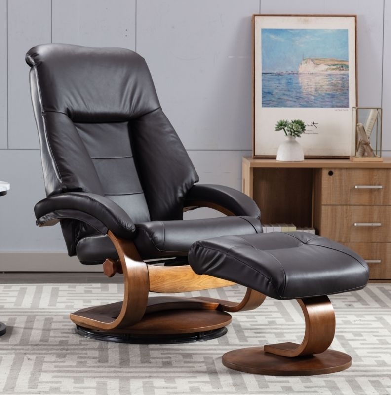 Black Swivel Recliner and Ottoman Set with Curved Bentwood Base
