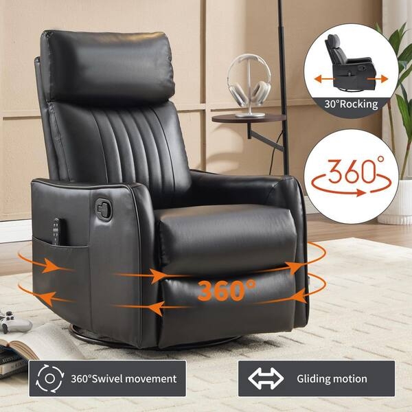Black Swivel Recliner, Channel Tufted with Gliding Motion