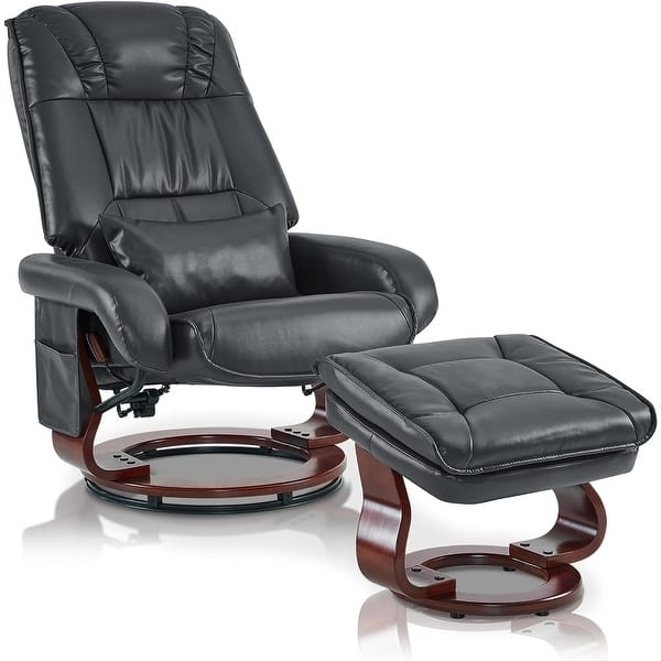 Black Swivel Recliner Set with Massage Function and Curved Wood-Toned Base
