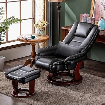 Black Swivel Recliner Set With Ottoman Lumbar Support Pillow Wood Base