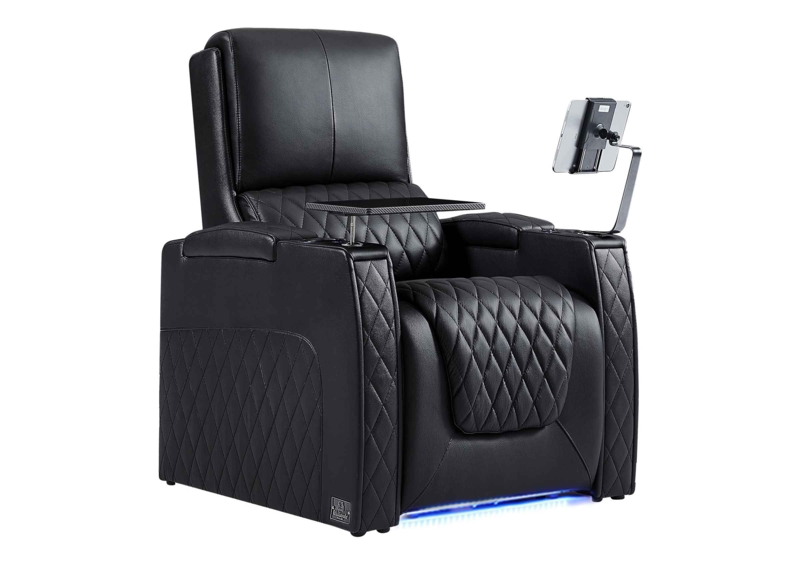 Black Theater Recliner Diamond Quilted LED Tablet Mount Tray