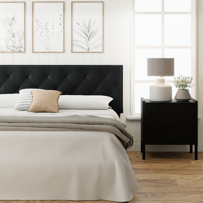 Black Tufted Headboard Faux Leather High Contrast Transitional Style