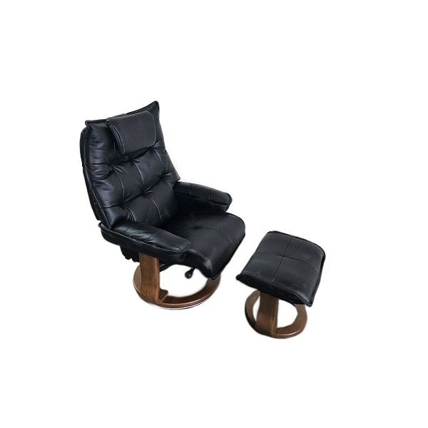 Black Tufted Swivel Recliner Ottoman Curved Wood Base Padded Headrest