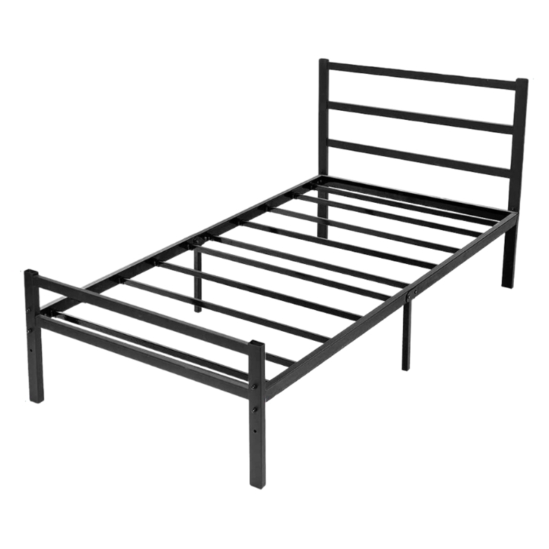 Black Twin Platform Bed Frame with Slatted Headboard, Industrial Style.