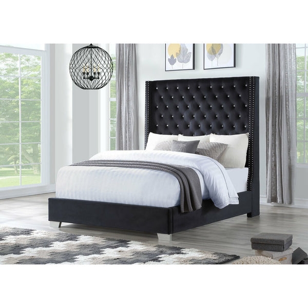 Black Upholstered Bed High Wingback Silver Nailhead Block Feet