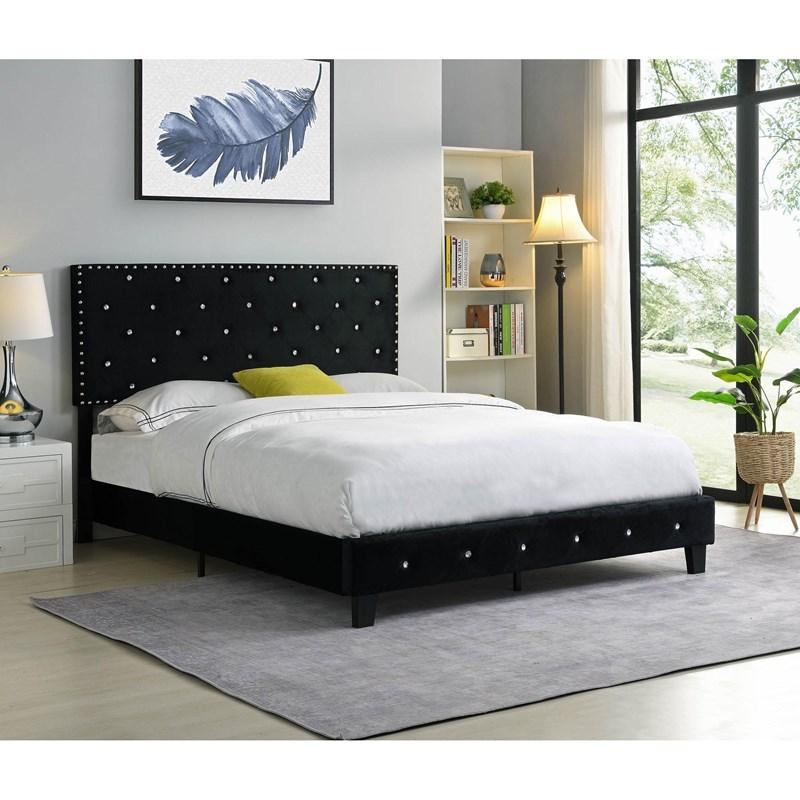 Black Upholstered Bed with Crystal Tufting and Nailhead Trim