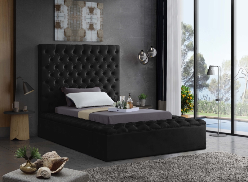 Black Upholstered Bed With Extra Tall Diamond Tufted Headboard