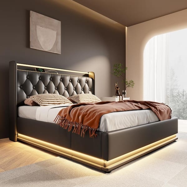 Black Upholstered Storage Bed featuring Diamond Tufting and LED Lighting