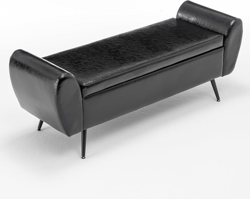 Black Vegan Leather Storage Bench with Curved Armrests