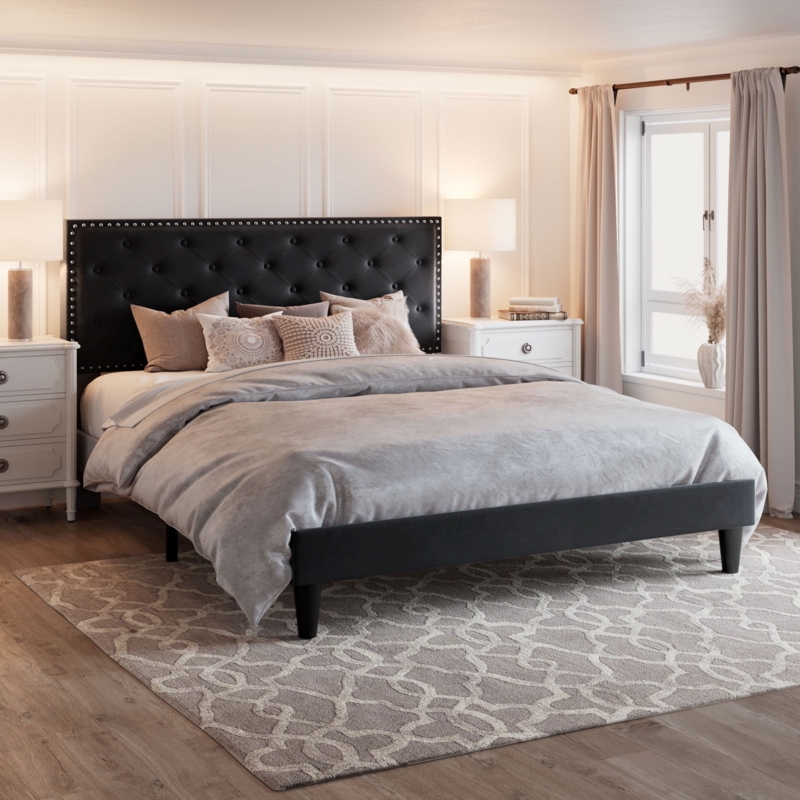 Black Velvet Bed Frame Diamond Tufted Headboard with Nailhead Trim