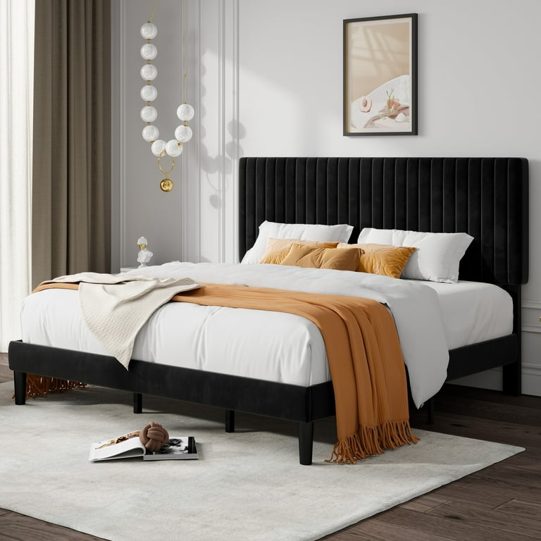 Black Velvet Bed Frame Vertical Channel Tufting Glam Style Tapered Legs