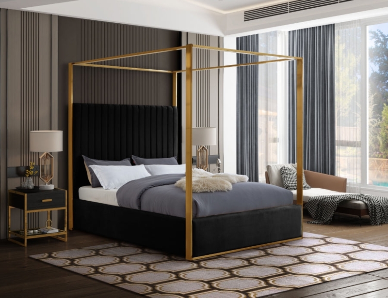 Black Velvet Canopy Bed with Gold Frame and Vertical Channeling