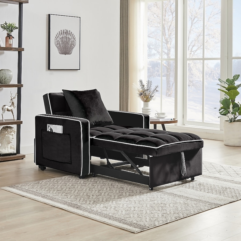Black Velvet Convertible Recliner with Contrast White Piping