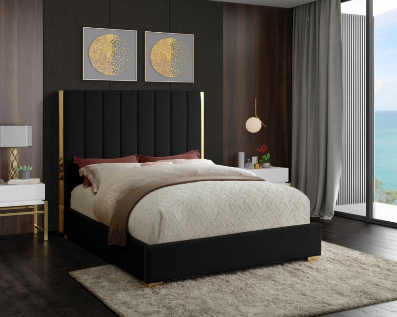 Black Velvet Platform Bed Vertical Channel Tufting Gold Trim